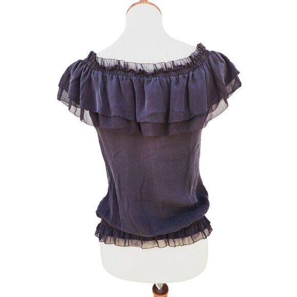 White House Black Market Black Top Off Shoulder Blouson Flutter Silk Blouse XS - Picture 4 of 6